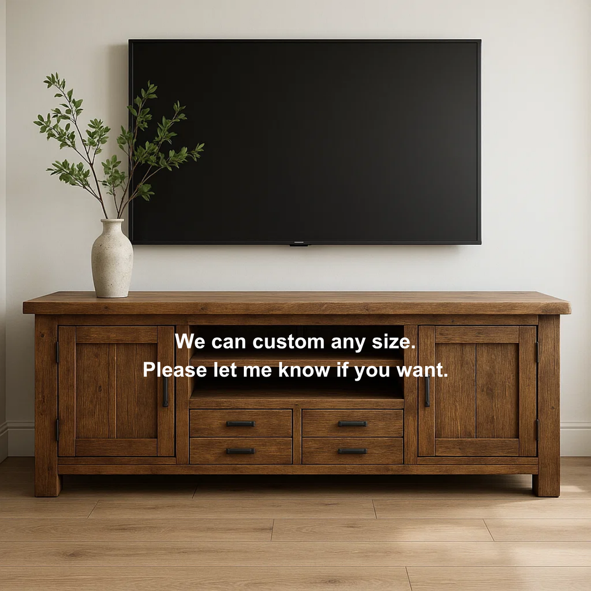 Handcrafted Solid Wood TV Stand – Rustic Farmhouse Media Console with Drawers, Cabinets & Open Shelves