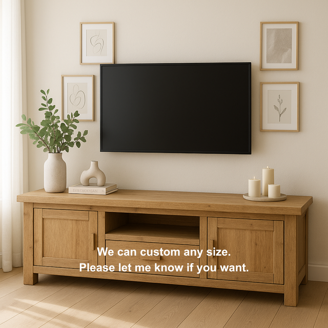 Handcrafted Solid Wood TV Stand – Modern Farmhouse Media Console with Drawer, Cabinets & Open Shelf