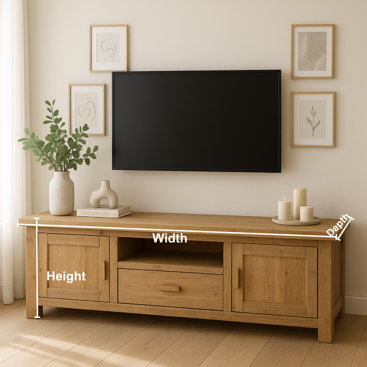 Handcrafted Solid Wood TV Stand – Modern Farmhouse Media Console with Drawer, Cabinets & Open Shelf