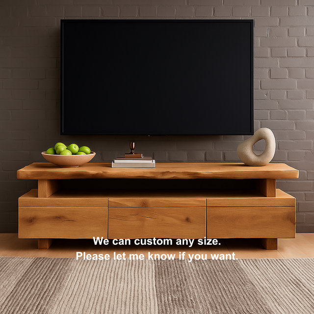 Handcrafted Solid Wood TV Stand – Modern Minimalist Media Console with Three Drawers and Natural Live Edge Design