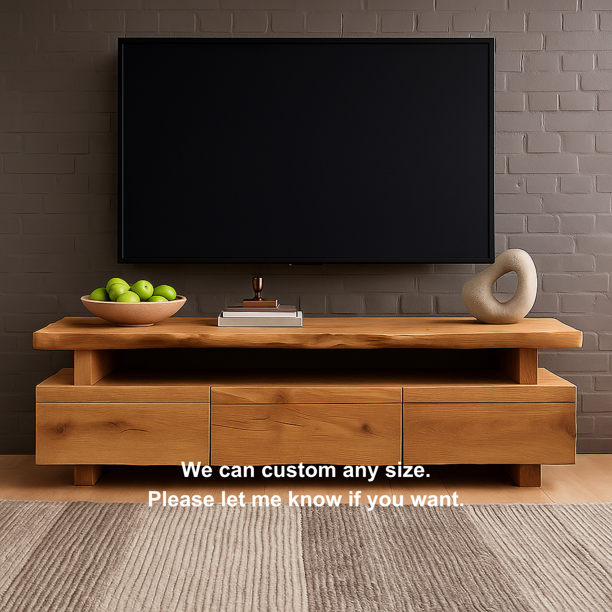 Handcrafted Solid Wood TV Stand – Modern Minimalist Media Console with Three Drawers and Natural Live Edge Design