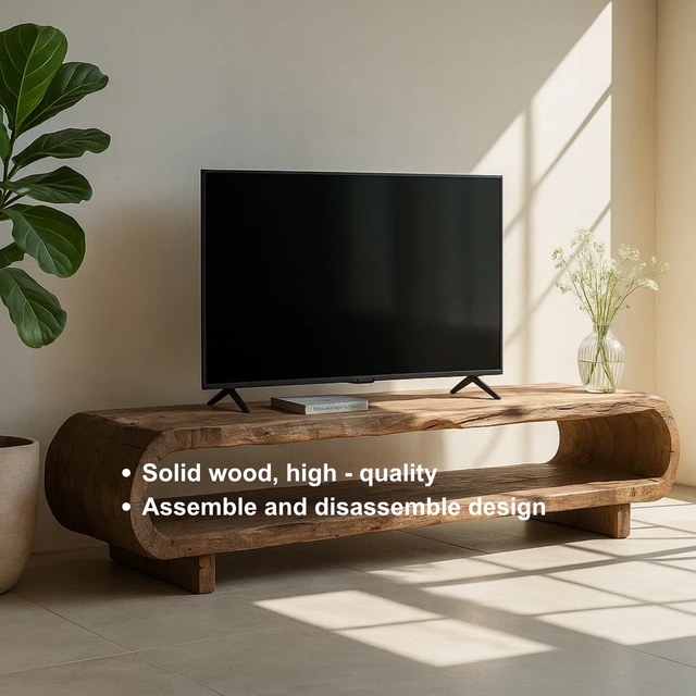 Handcrafted Solid Wood TV Stand – Organic Sculptural Media Console with Natural Rustic Finish and Open Shelves