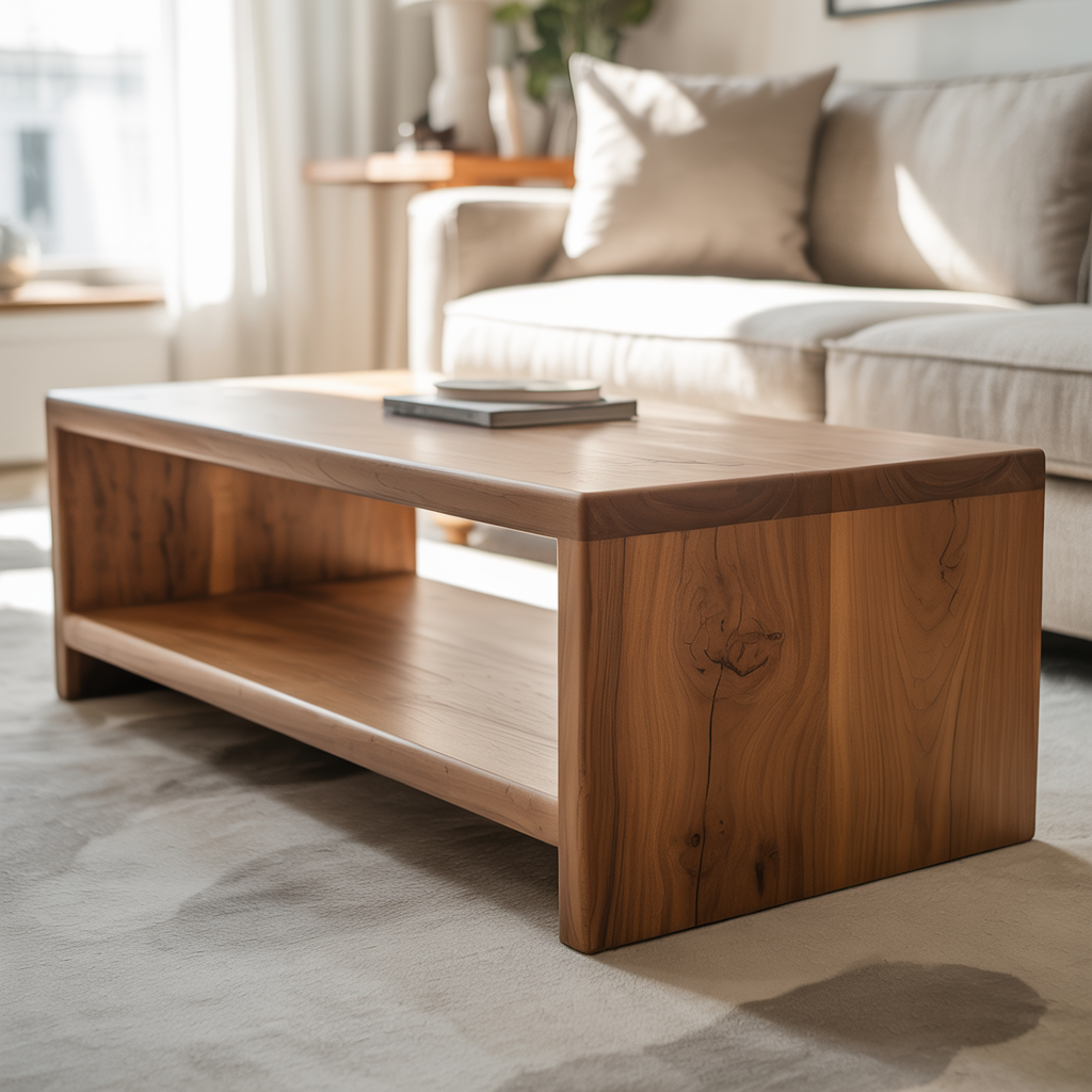 Handcrafted Solid Wood Coffee Table with Smooth Rounded Edges – Minimalist Natural Center Table with Open Shelf for Modern Living Rooms