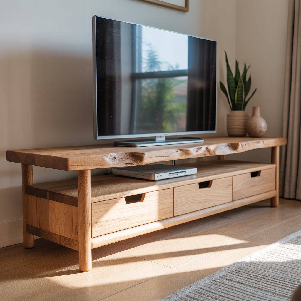 Handcrafted Light Solid Wood TV Stand – Scandinavian Live Edge Media Console with Drawers and Open Shelf