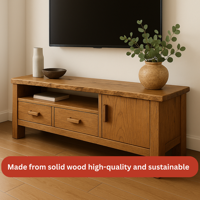 Handcrafted Solid Wood TV Stand – Rustic Hickory Media Console with Drawers and Cabinet Door