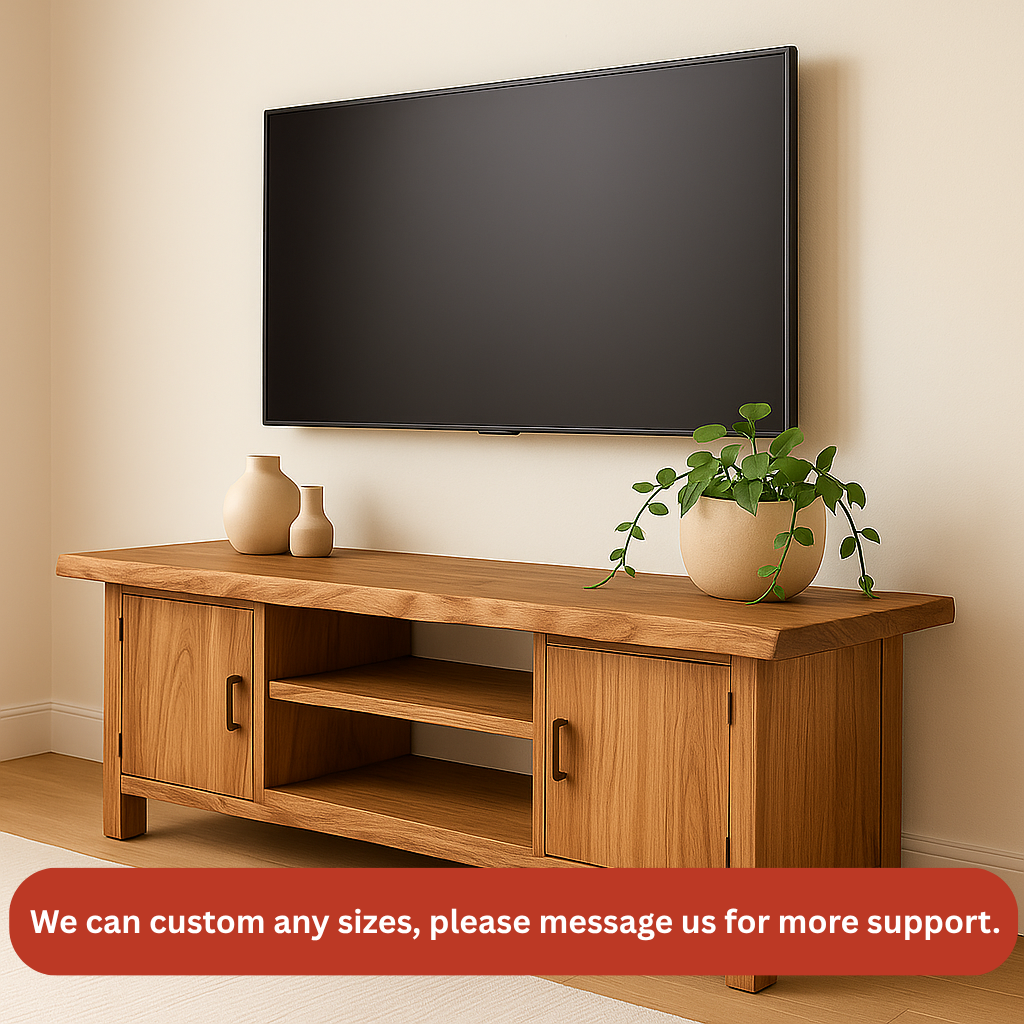 Handcrafted Solid Wood TV Stand – Natural Maple Media Console with Live Edge Top and Cabinets