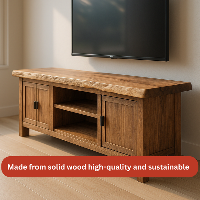 Handcrafted Solid Wood TV Stand – Rustic Hickory Media Console with Live Edge Top and Cabinets