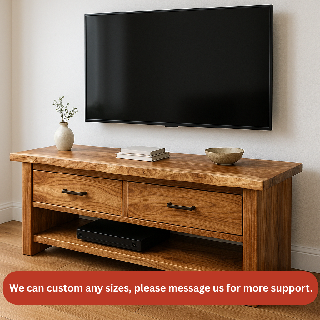 Handcrafted Solid Wood TV Stand – Natural Hickory Media Console with Drawers and Open Shelf