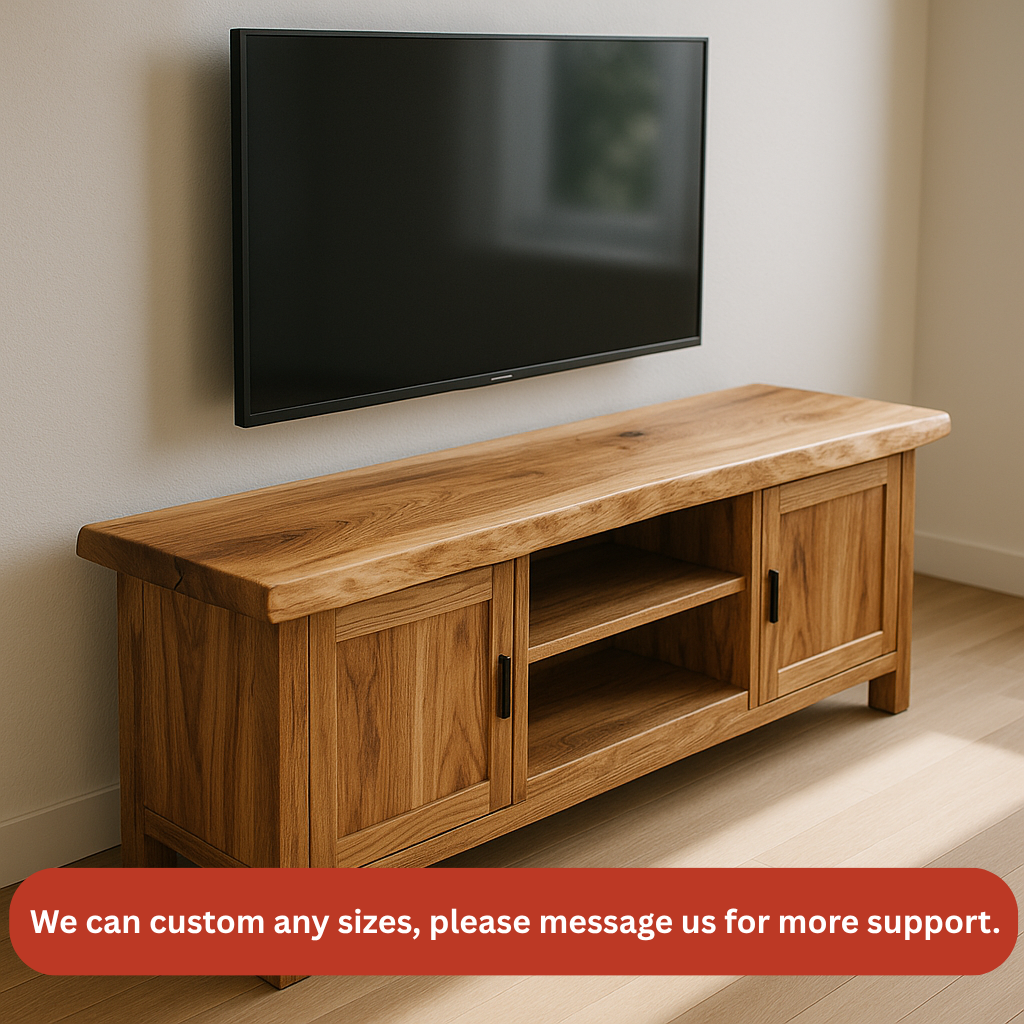 Handcrafted Solid Wood TV Stand – Rustic Hickory Media Console with Cabinets and Open Shelves