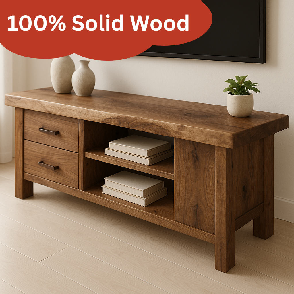 Handcrafted Solid Wood TV Stand – Rustic Walnut Media Console with Drawers and Open Shelves