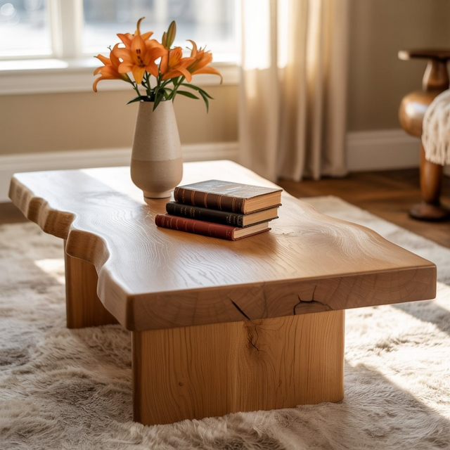 Handcrafted Solid Wood Coffee Table with Deep Live Edge – Minimalist Japanese Zen Center Table for Modern Organic Interiors