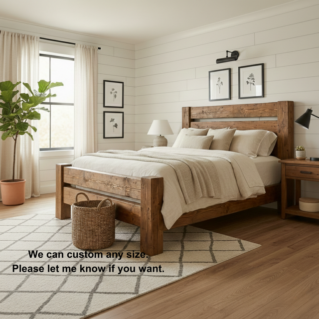 Handcrafted Rustic Solid Wood Bed Frame with Farmhouse Headboard