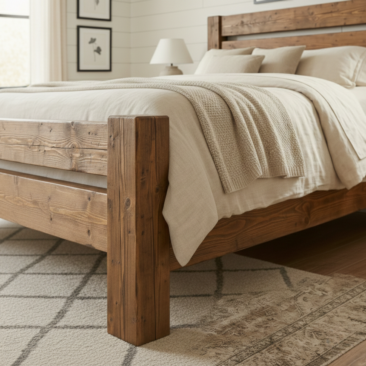 Handcrafted Rustic Solid Wood Bed Frame with Farmhouse Headboard