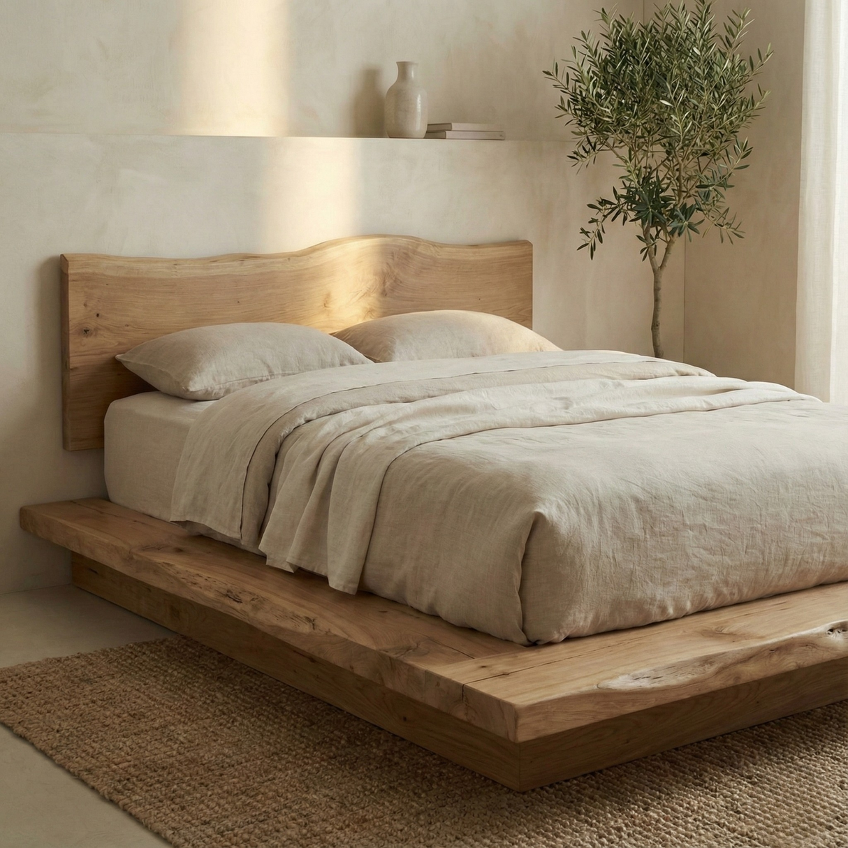 Handcrafted Solid Wood Japandi Platform Bed with Natural Live-Edge Headboard