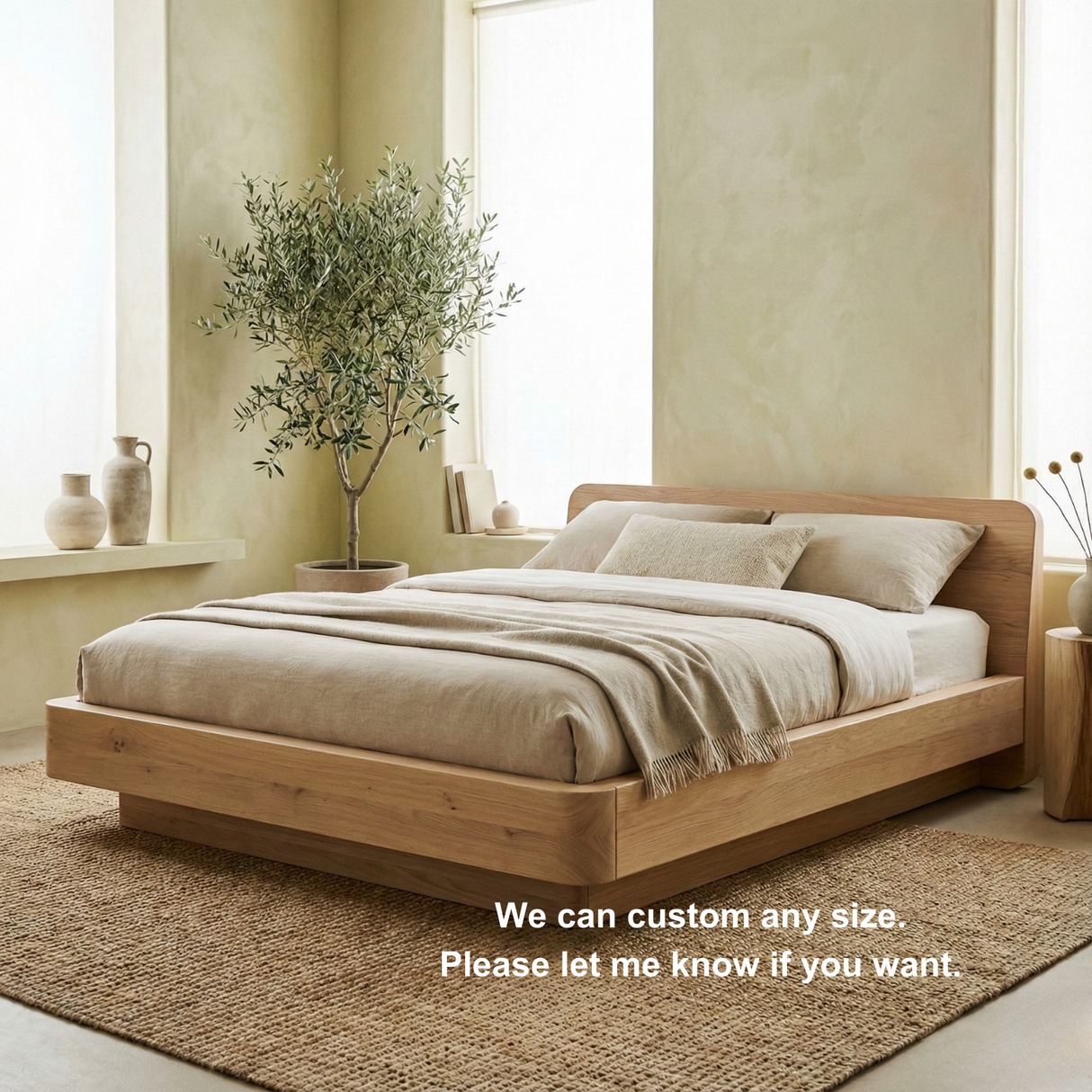 Handcrafted Solid Wood Japandi Platform Bed with Rounded Headboard