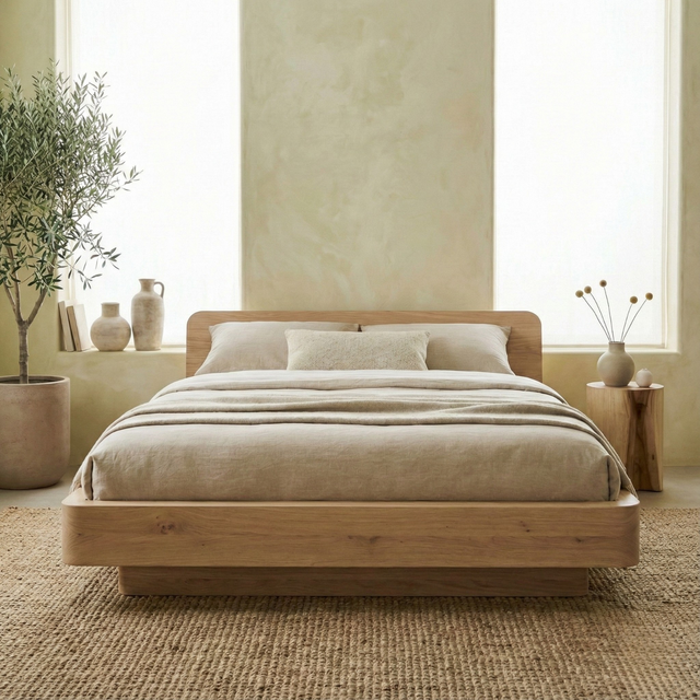 Handcrafted Solid Wood Japandi Platform Bed with Rounded Headboard