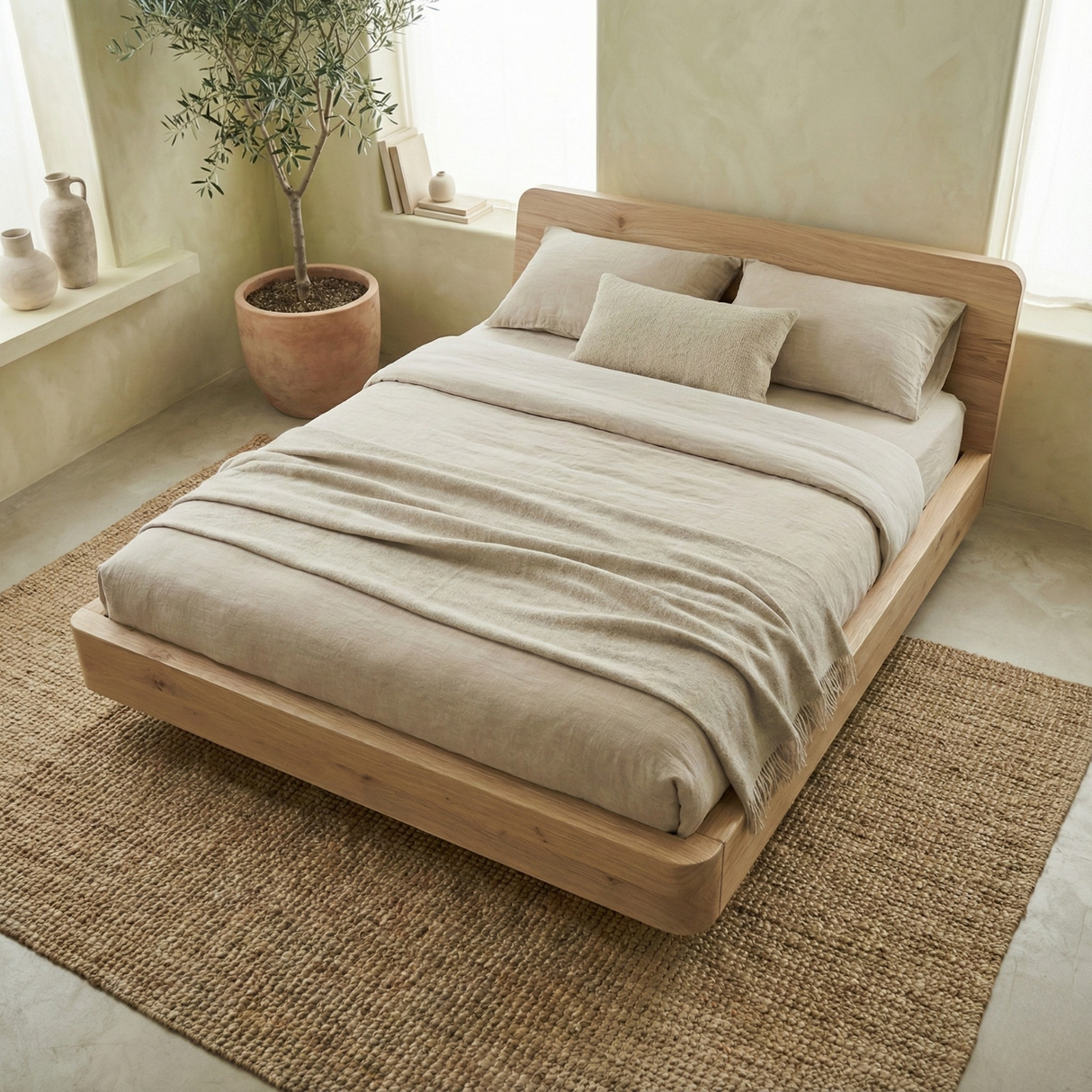 Handcrafted Solid Wood Japandi Platform Bed with Rounded Headboard