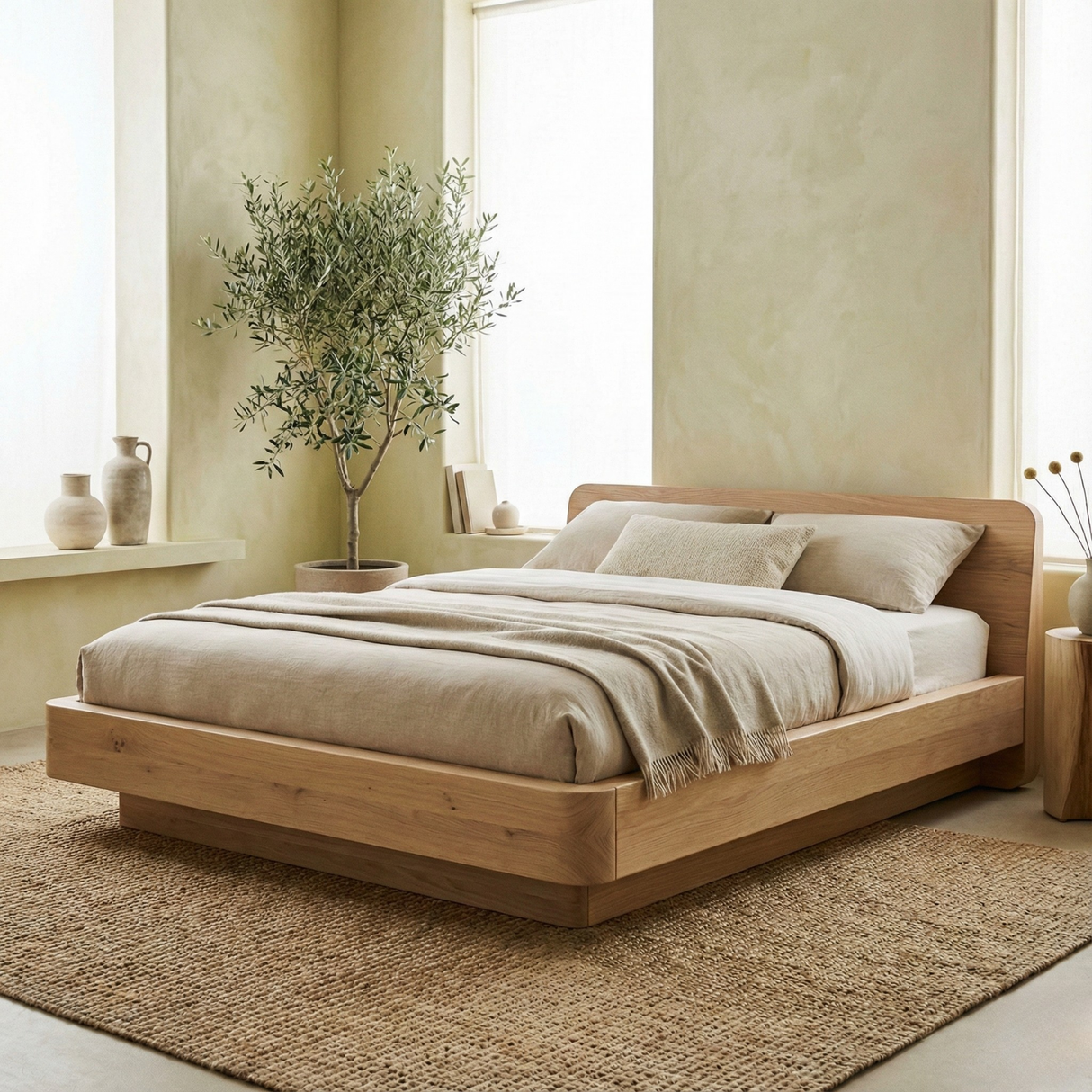 Handcrafted Solid Wood Japandi Platform Bed with Rounded Headboard