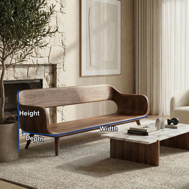 Handcrafted Solid Wood Organic Modern Sofa with Sculpted Curved Form