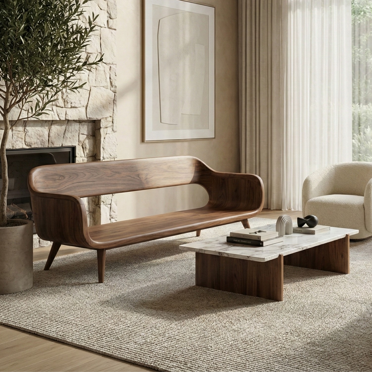 Handcrafted Solid Wood Organic Modern Sofa with Sculpted Curved Form