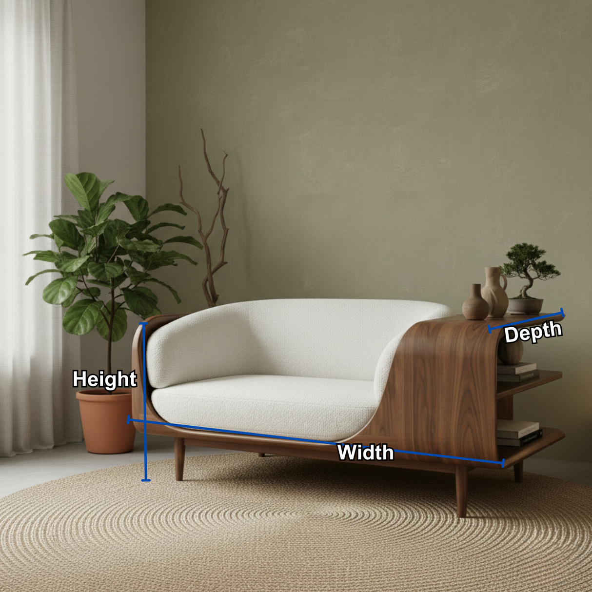 Handcrafted Solid Wood Organic Modern Sofa with Integrated Sculpted Side Shelves