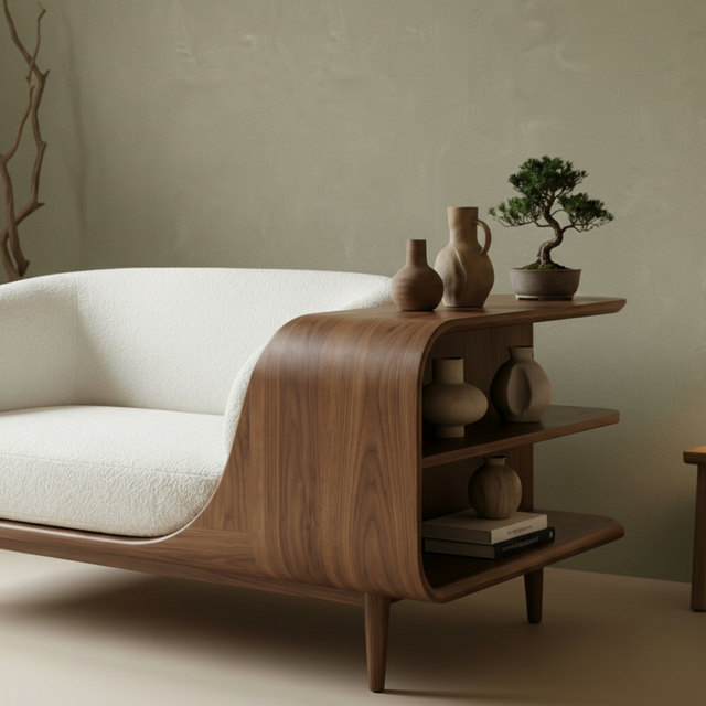 Handcrafted Solid Wood Organic Modern Sofa with Integrated Sculpted Side Shelves