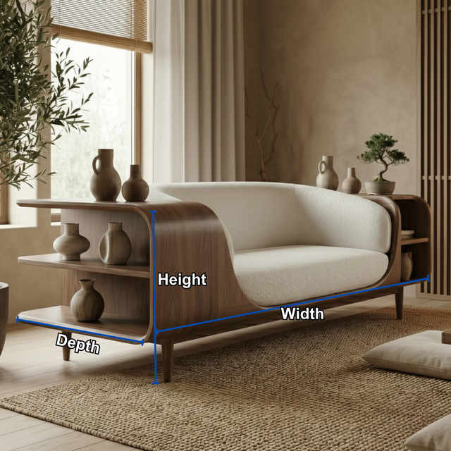 Handcrafted Solid Wood Organic Modern Sofa with Integrated Side Storage Shelves