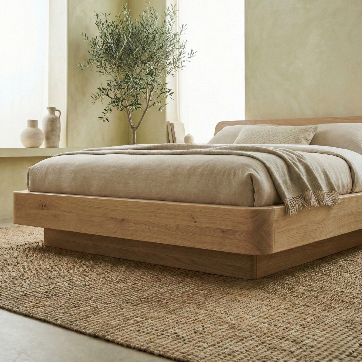 Handcrafted Solid Wood Japandi Platform Bed with Rounded Headboard