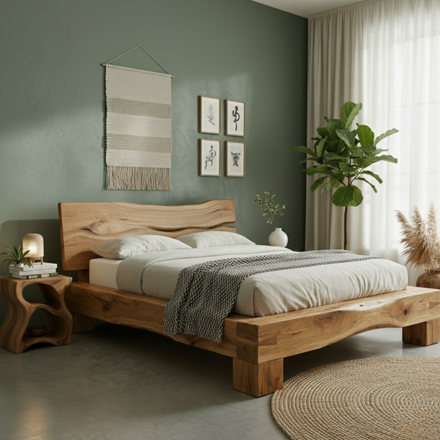 Handcrafted Solid Wood Live-Edge Bed Frame with Organic Natural Headboard