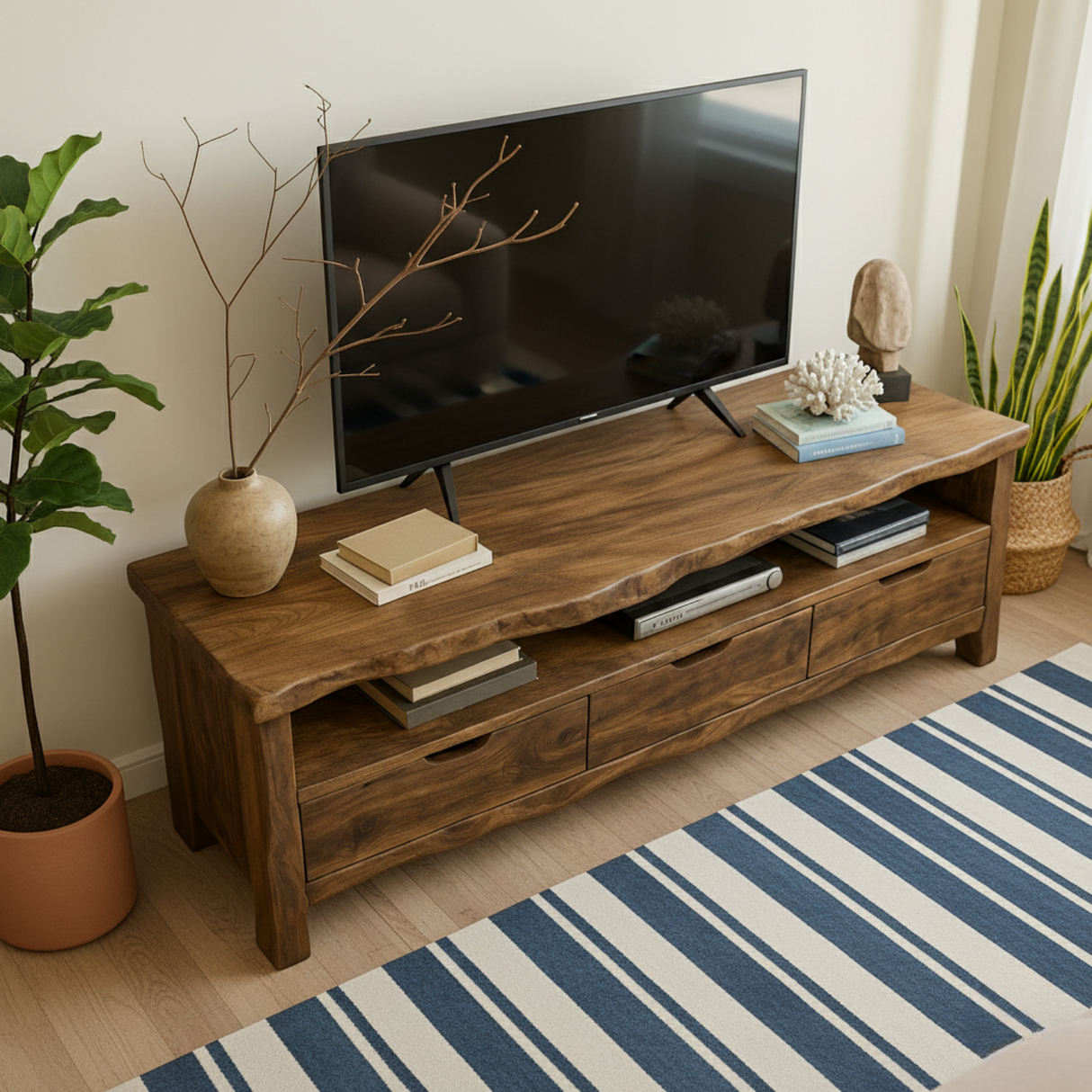 Handcrafted Solid Wood TV Stand with Organic Live Edge – Rustic Media Console with Drawers & Open Shelf