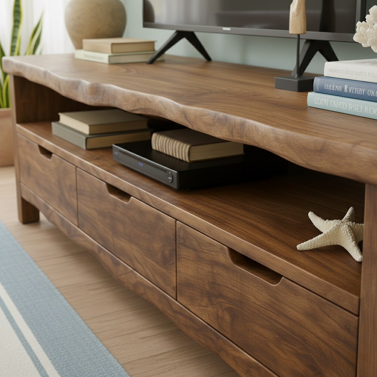 Handcrafted Solid Wood TV Stand with Organic Live Edge – Rustic Media Console with Drawers & Open Shelf