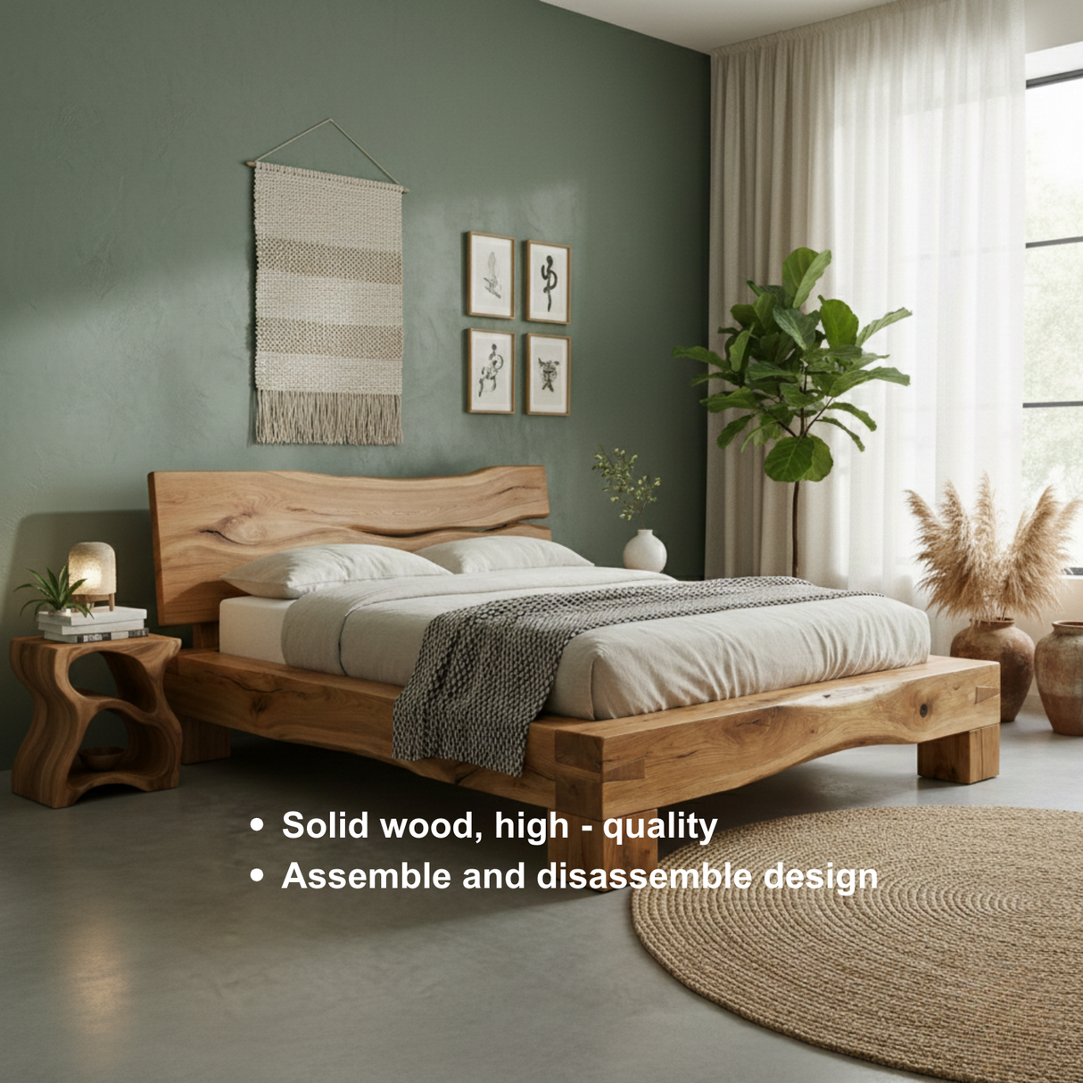 Handcrafted Solid Wood Live-Edge Bed Frame with Organic Natural Headboard