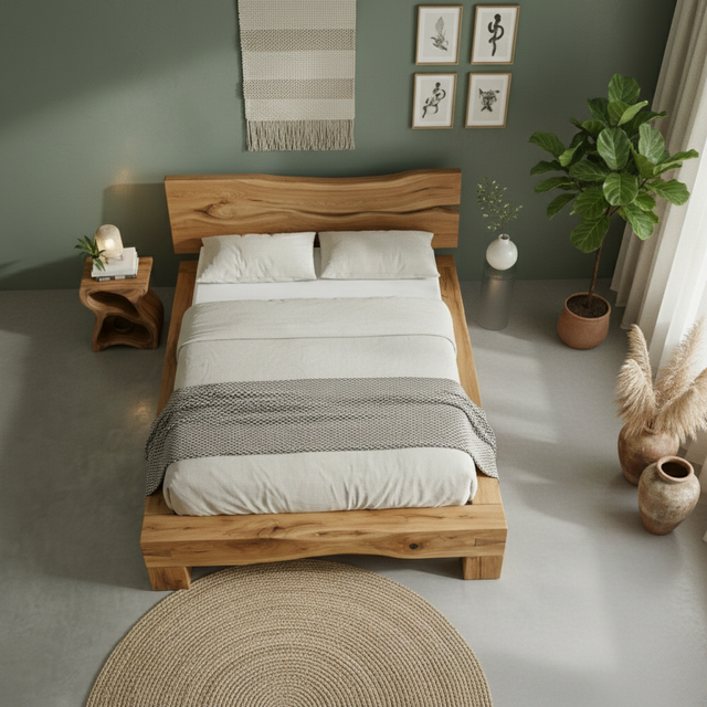 Handcrafted Solid Wood Live-Edge Bed Frame with Organic Natural Headboard
