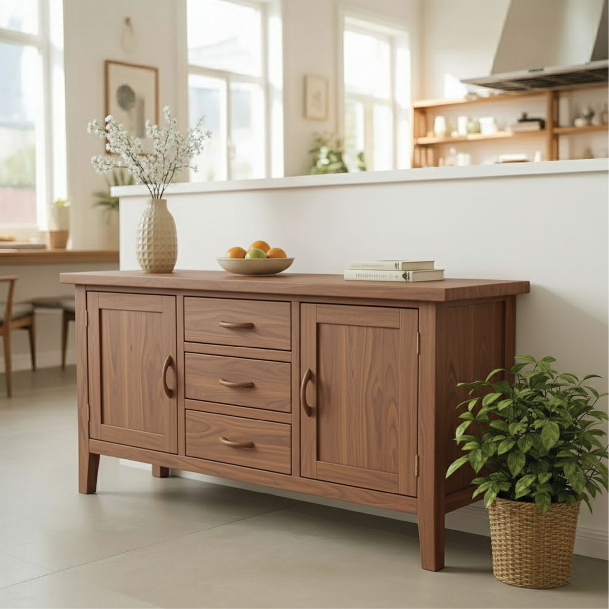 Handcrafted Solid Wood Dining Storage Cabinet with Center Drawers and Side Doors for Modern Homes