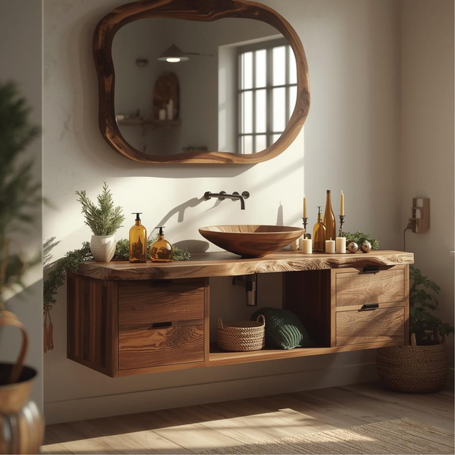 Handcrafted Solid Wood Floating Bathroom Vanity with Live Edge Countertop and Natural Mirror