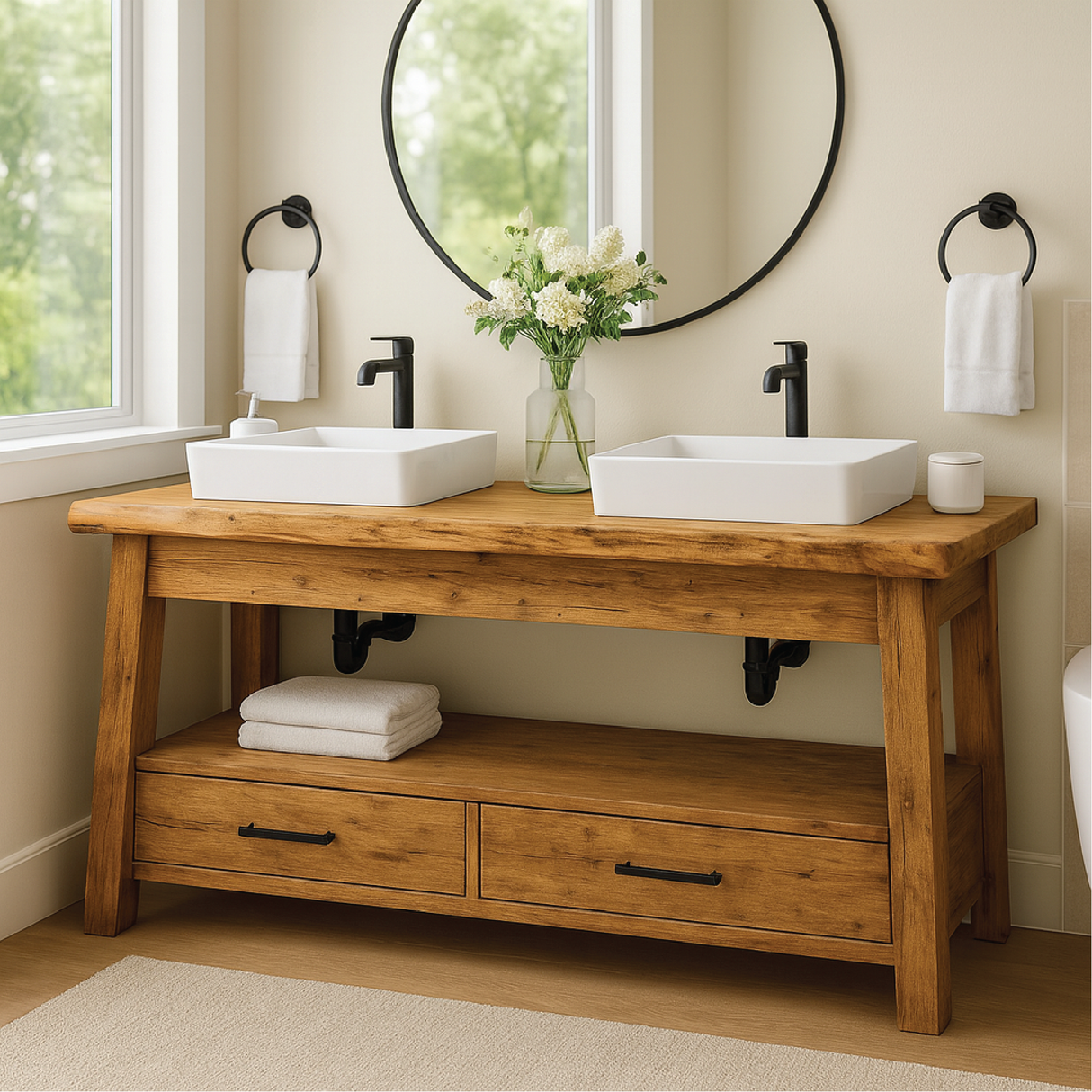 Handcrafted Double Solid Wood Bathroom Vanity with Drawers and Natural Finish for Modern Spaces