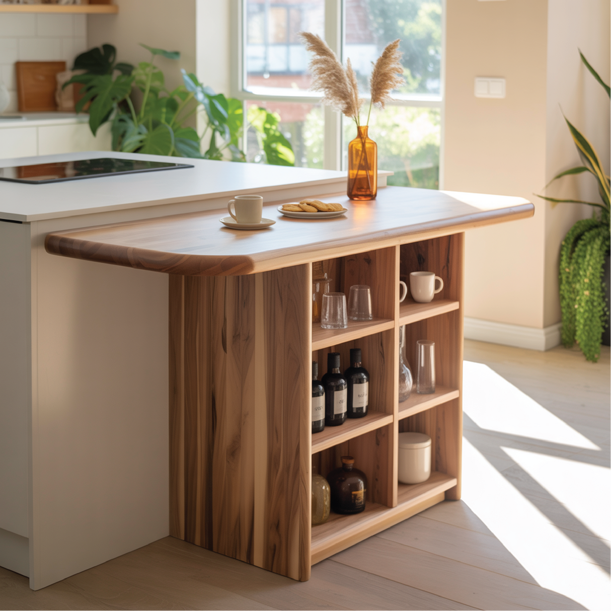 Handcrafted Solid Wood Dining Table with Rounded Edge and Multi-Shelf Storage for Modern Kitchens