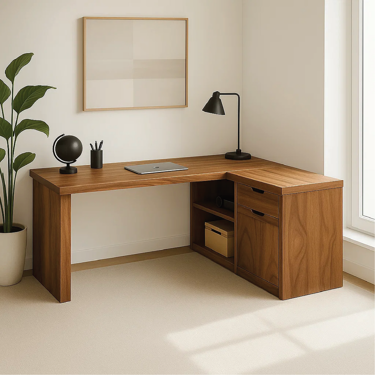 Handcrafted Solid Wood L-Shaped Work Desk – Modern Corner Office Table with Storage Drawers