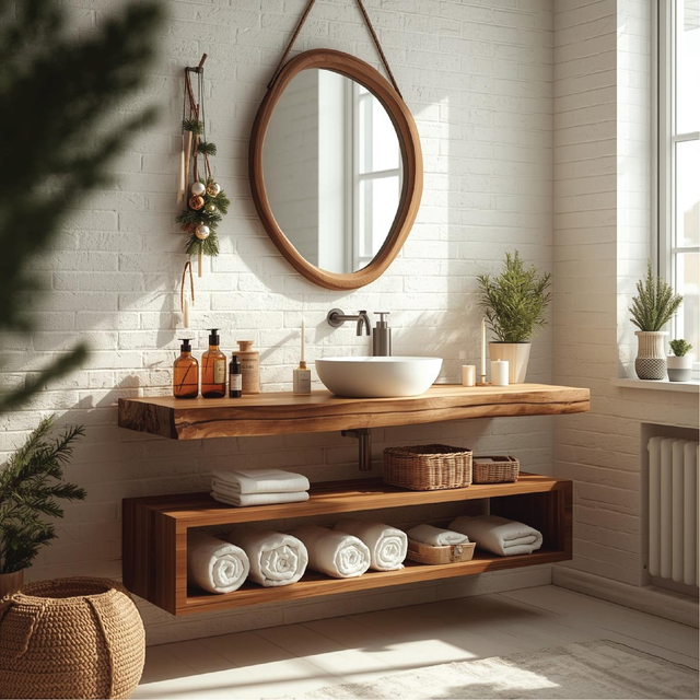 Handcrafted Solid Wood Floating Bathroom Vanity with Live Edge Countertop and Open Storage Shelf