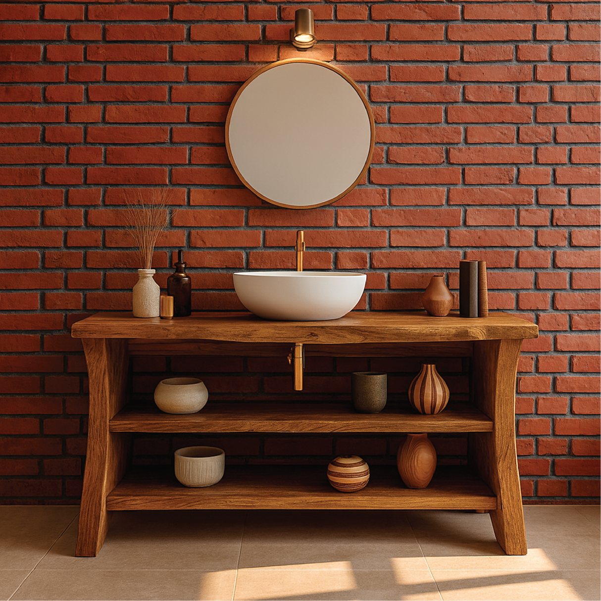 Handcrafted Solid Wood Bathroom Vanity with Live Edge Design and Double Open Storage Shelves