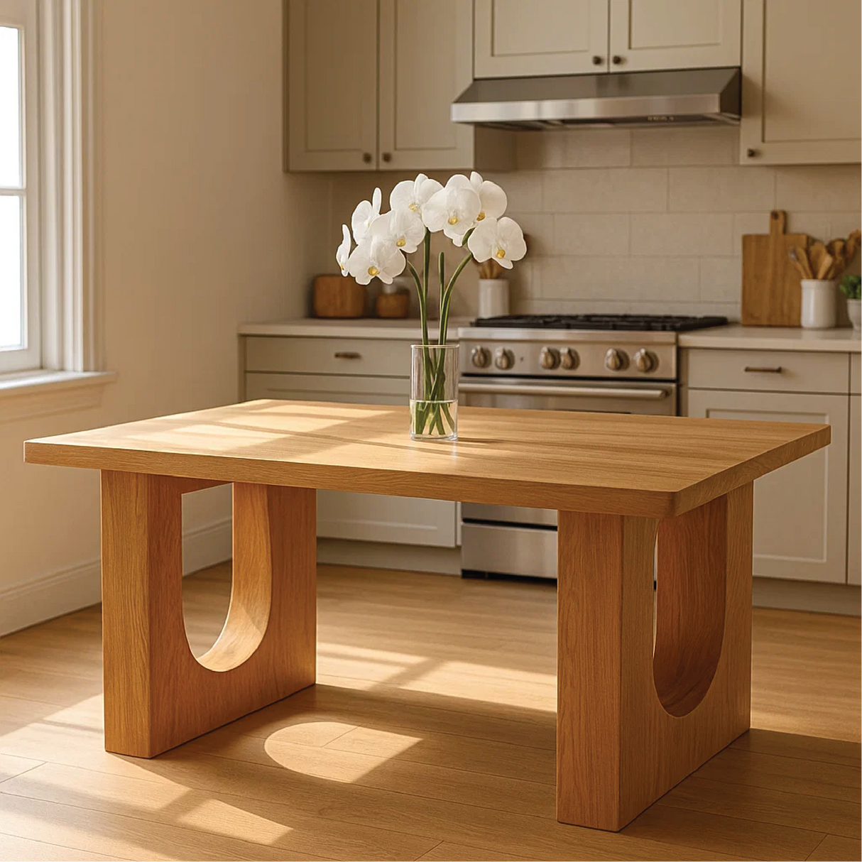 Handcrafted Solid Wood Dining Table – Modern Minimalist Kitchen Table with Sculpted U Legs