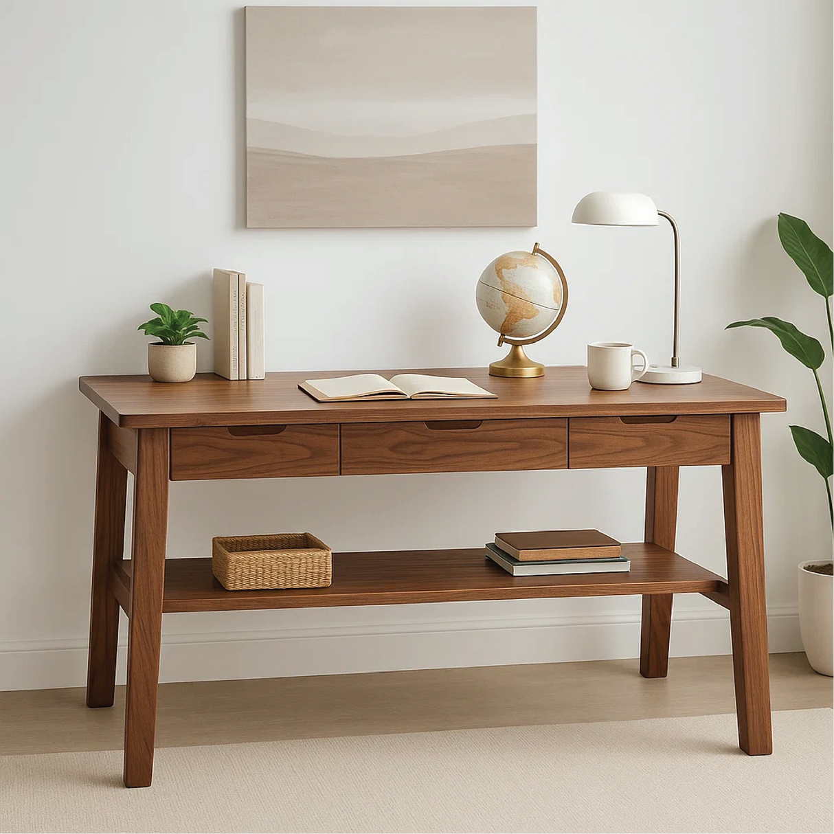 Handcrafted Solid Wood Writing Desk – Minimalist Work Table with Drawers and Open Shelf Design