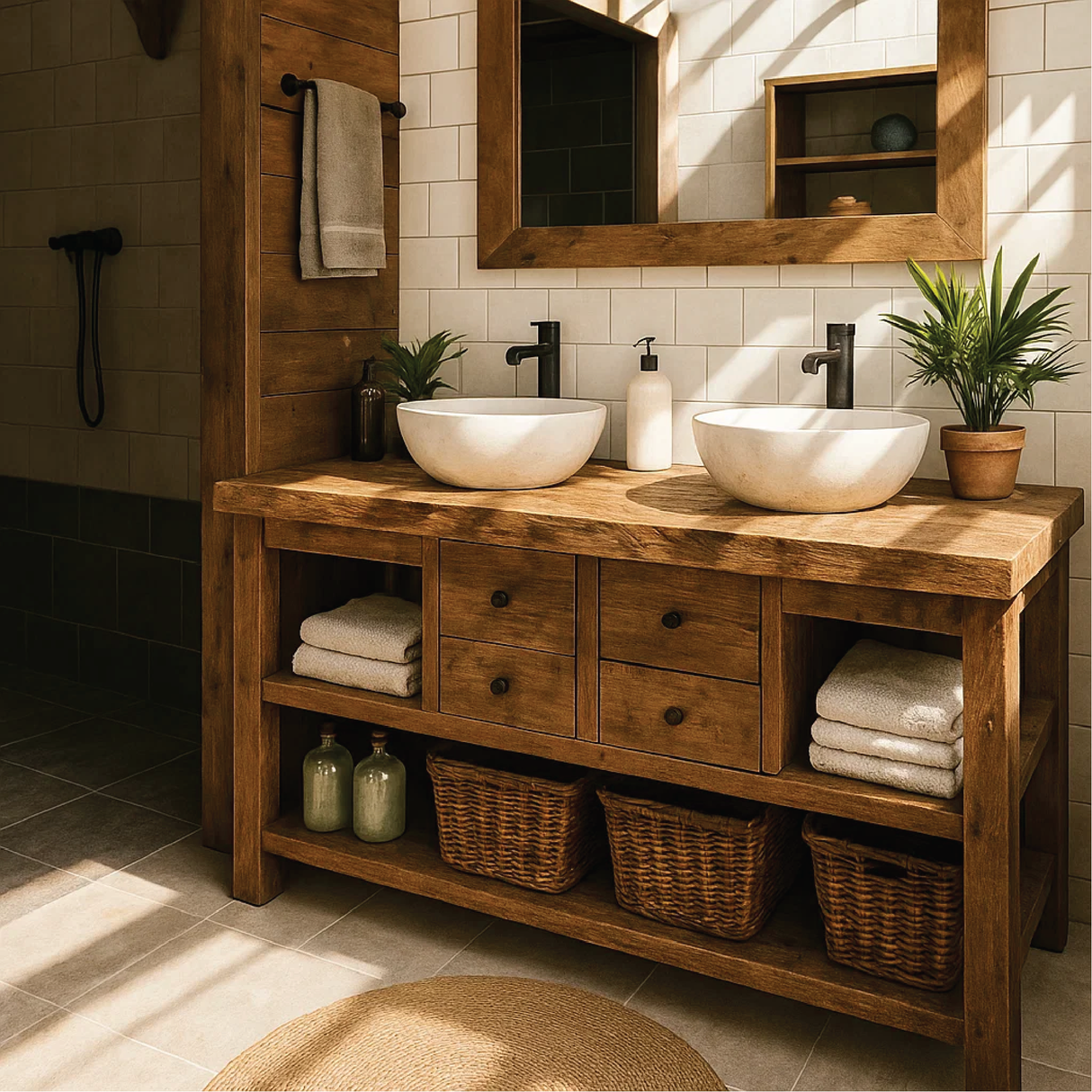 Rustic Double Sink Solid Wood Bathroom Vanity with Drawers and Open Storage Handmade Design