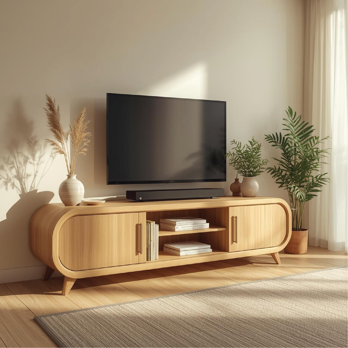 Handcrafted Solid Wood TV Stand with Rounded Edges and Smooth Natural Finish for Modern Living