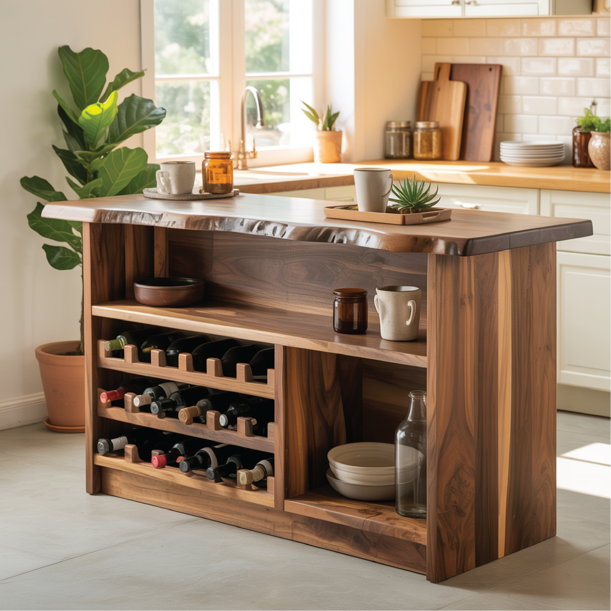Handcrafted Solid Wood Wine Cabinet with Live Edge Design for Dining Room Storage and Display