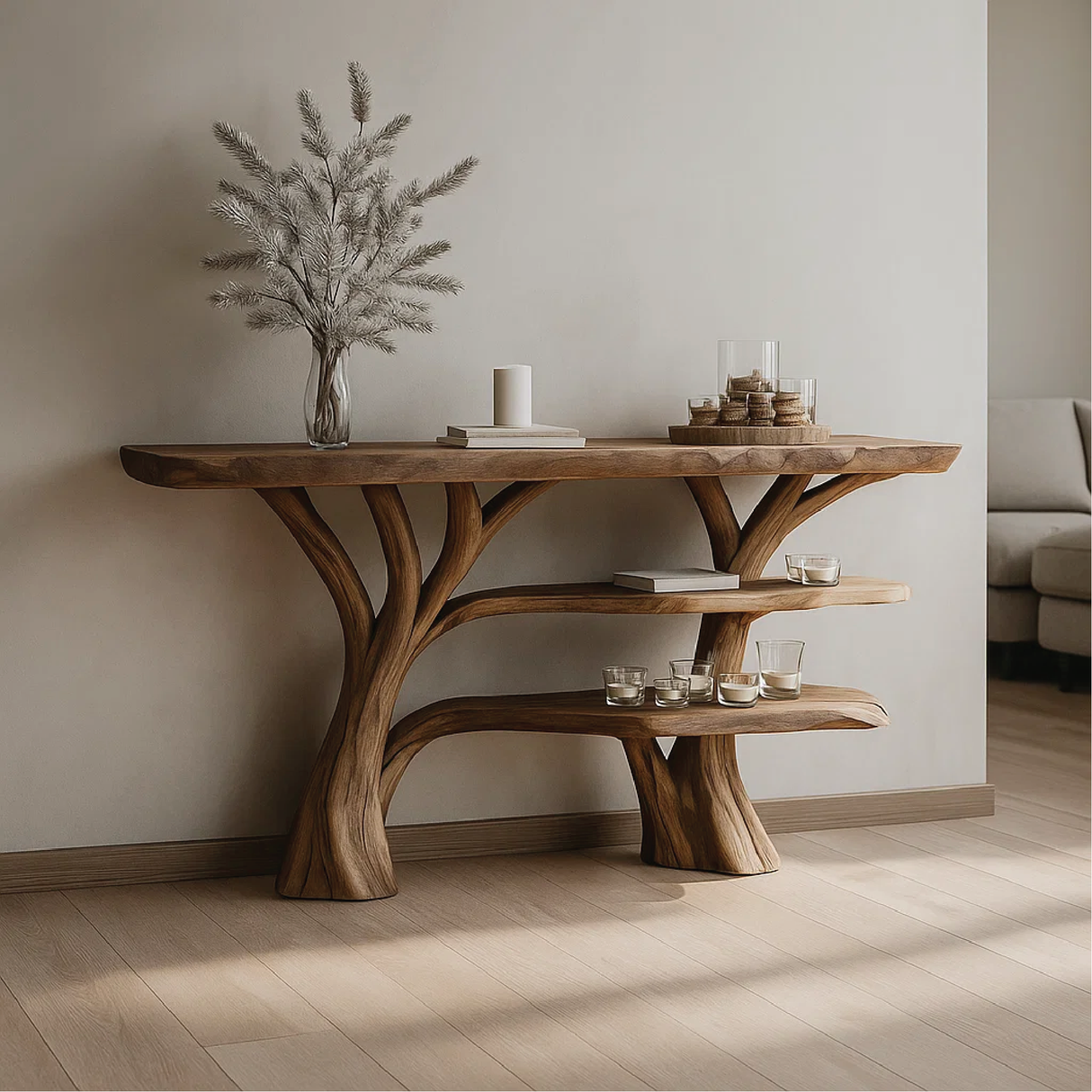 Handcrafted Solid Wood Tree Console Table with Multi-Tier Organic Design for Modern Interiors