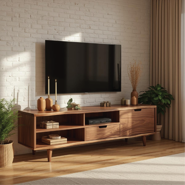 Handcrafted Solid Wood TV Stand with Mid-Century Modern Design and Open Storage Shelves