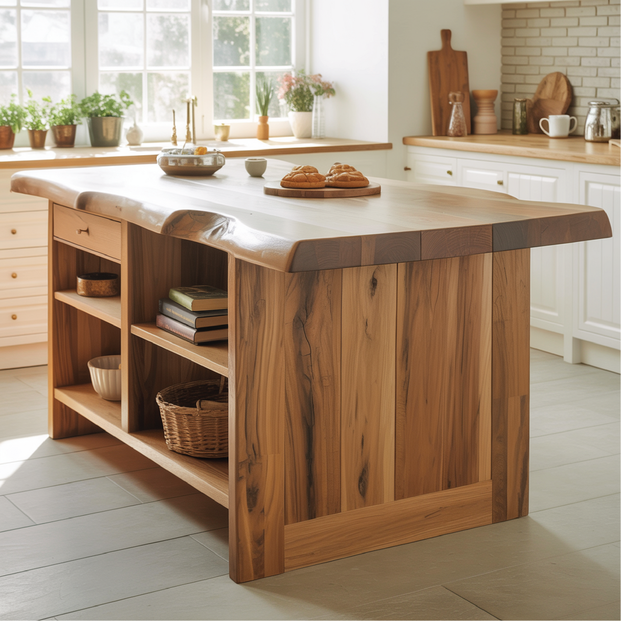 Handcrafted Solid Wood Kitchen Island with Live-Edge Top and Open Storage Shelves