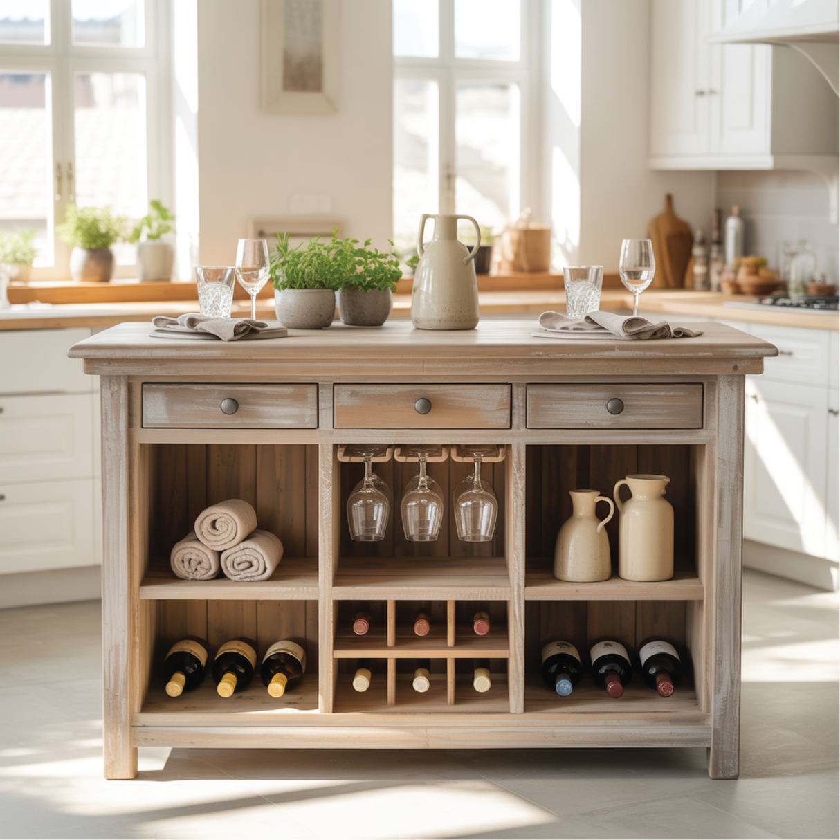Handcrafted Solid Wood Dining Cabinet with Wine Storage and Hanging Glass Display