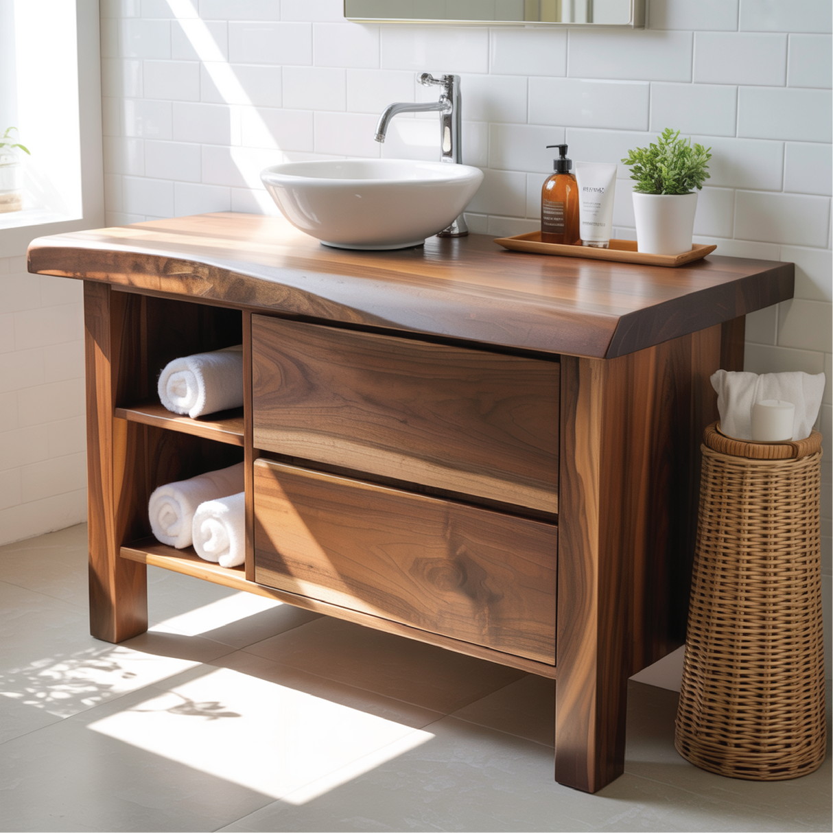 Handcrafted Solid Wood Bathroom Vanity with Live-Edge Countertop and Modern Open Shelf Storage